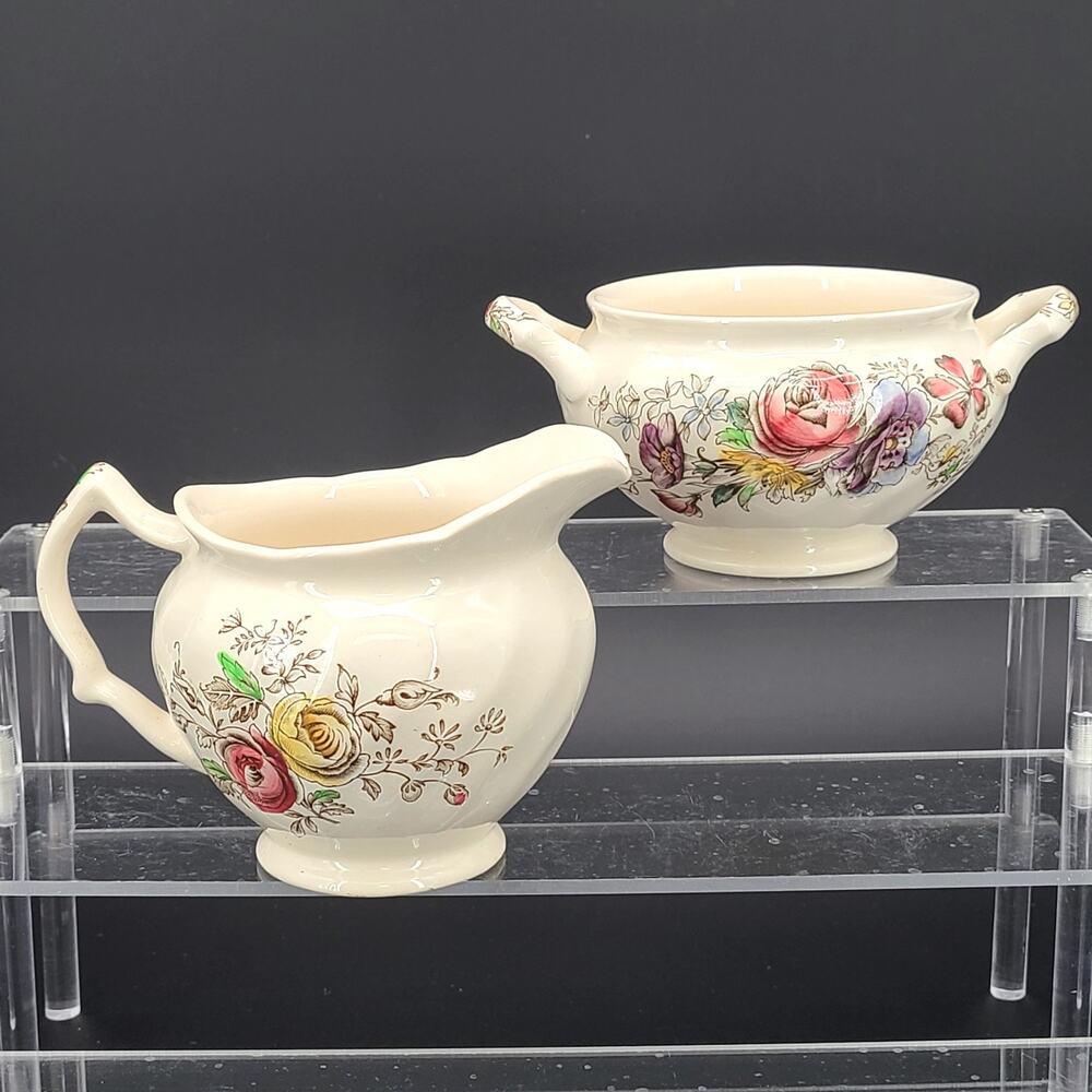 VTG Johnson Bros Sheraton Creamer & Sugar Bowl Floral Ironstone England